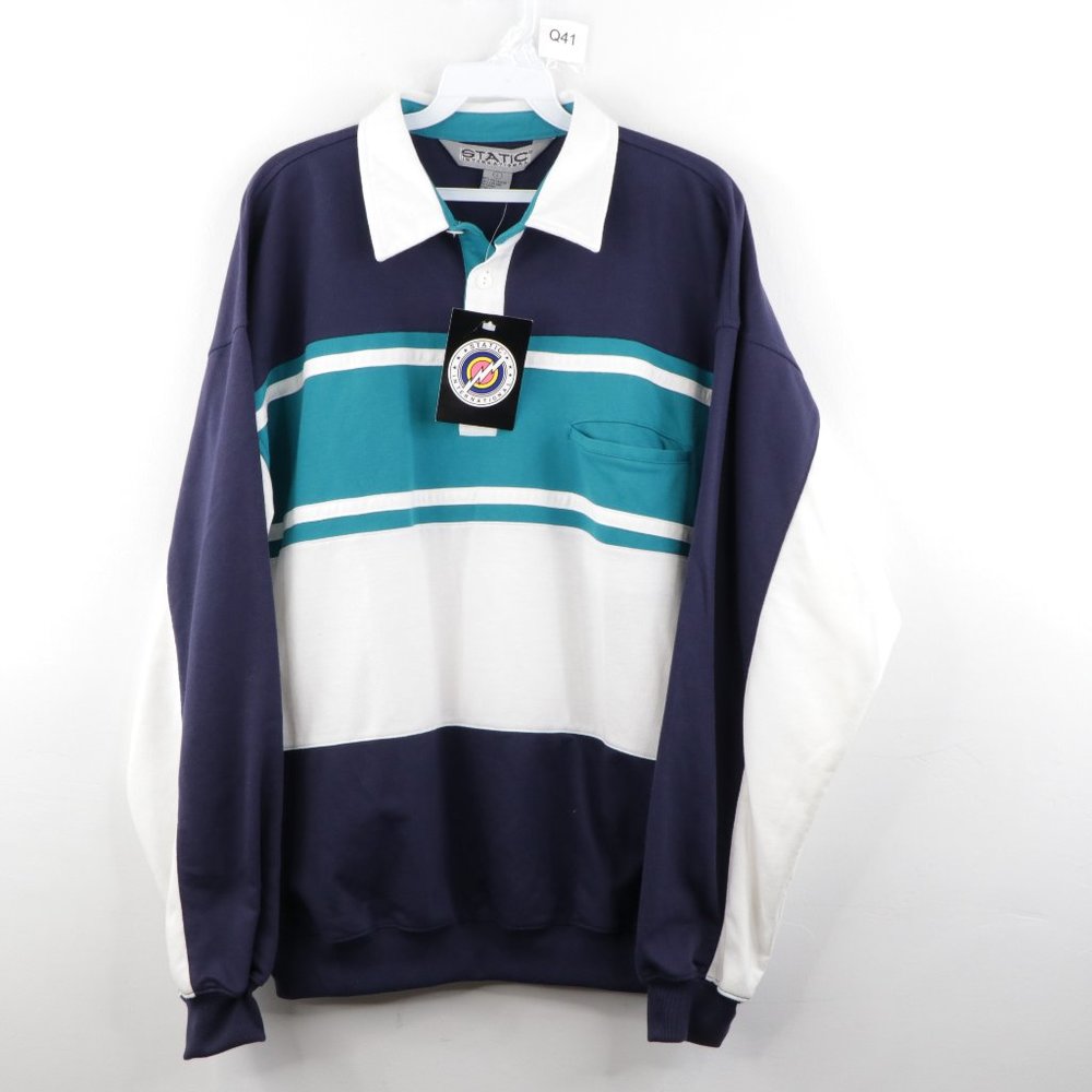 Vintage Collared Color Block Polo Sweatshirt Blue